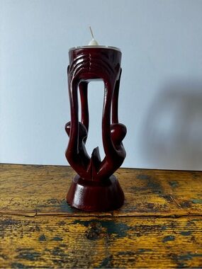 Hand-Carved Dark Mahogany Wooden Tealight Candle Holder